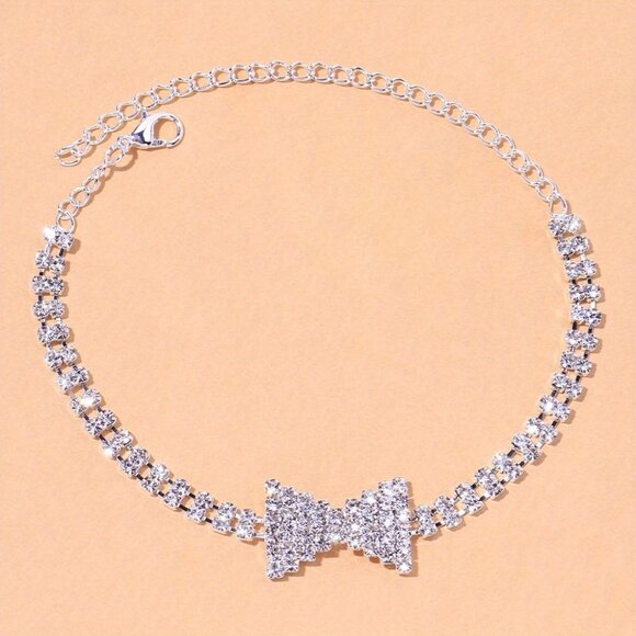 NWOT  Silver Tone Rhinestone Bow Anklet Bracelet For Women With 🆕 - Picture 2 of 9